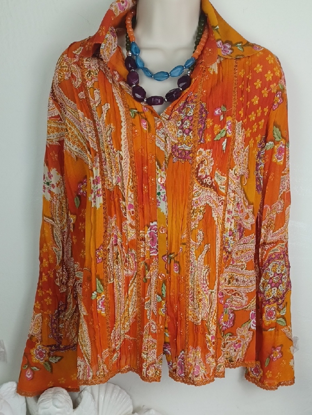 Notations Orange & Cream Paisley Bell Sleeved Gorgeous Creped Romantic Blouse - Picture 9 of 11
